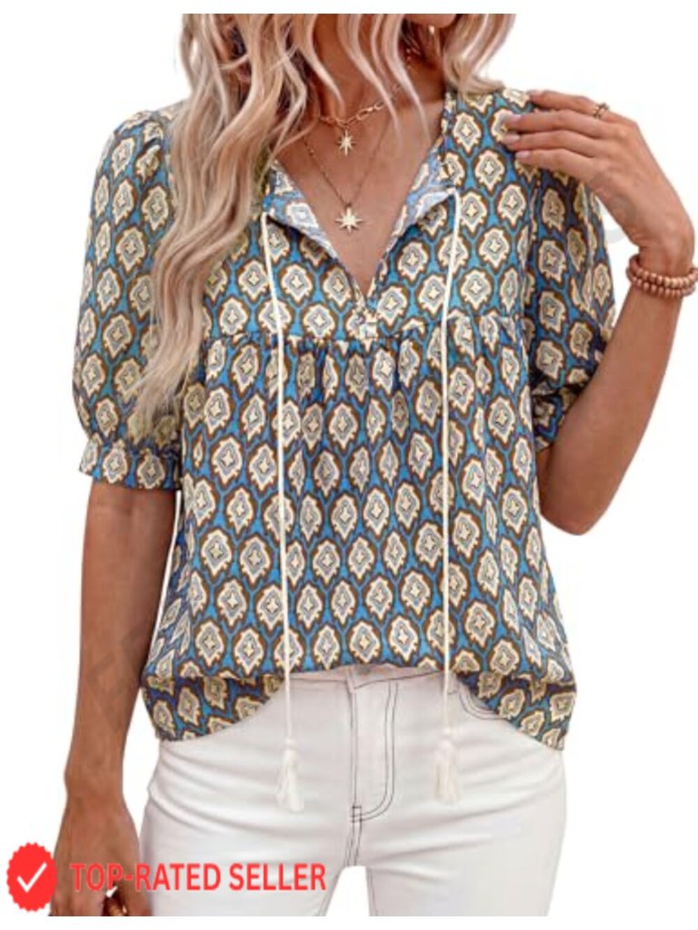 Womens Boho Blouse V-Neck Tie Front Puff Sleeve Summer Top
